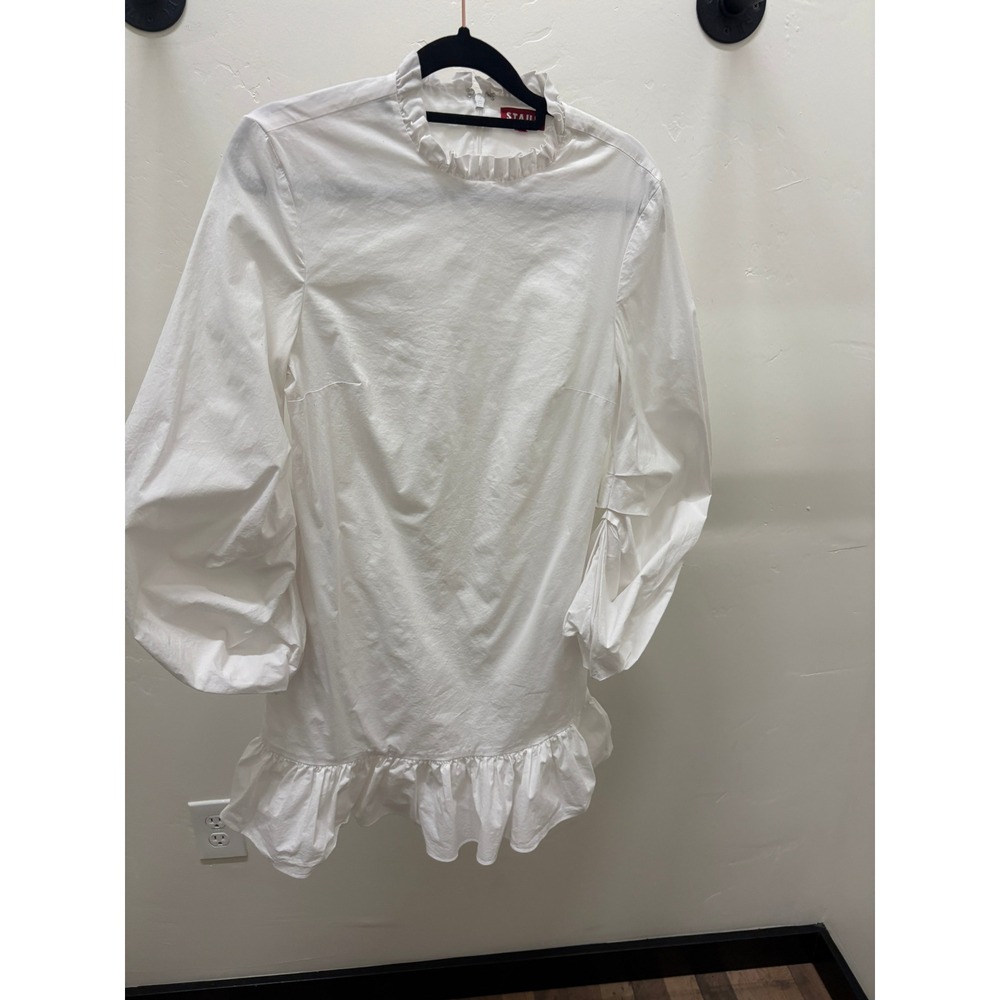 STAUD White Ruffle Neck Puff Sleeve Mini Dress with Pockets Size 2 Cottagecore - Picture 7 of 7